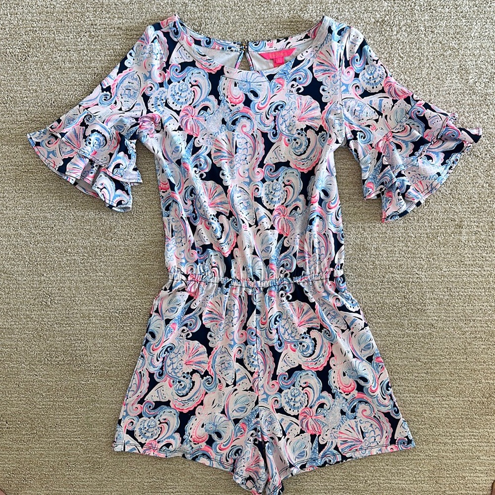 Lilly Pulitzer navy blue and pink “lula” romper sz small. Perfect condition